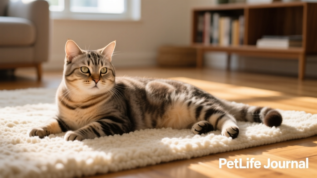 Adult American Shorthair cat lying on a cozy rug, showcasing its dense short coat and calm demeanor