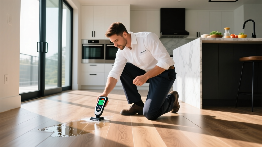 Contractor using digital moisture meter on luxury vinyl plank flooring in a modern kitchen to inspect for hidden water damage