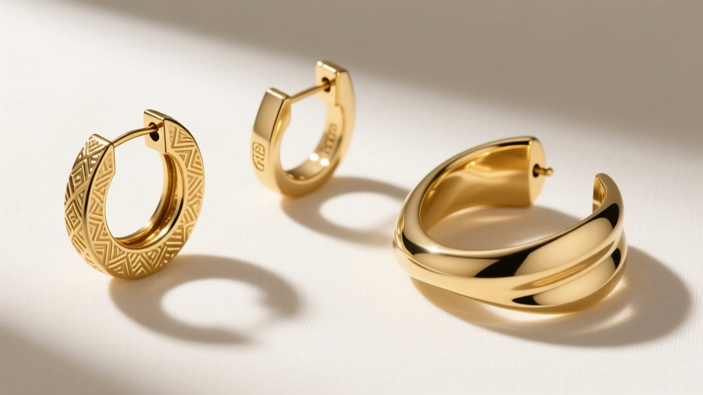 Overhead flat lay of three 14k solid gold unique earring designs: a textured huggie, a rook clicker, and an asymmetrical ear cuff.