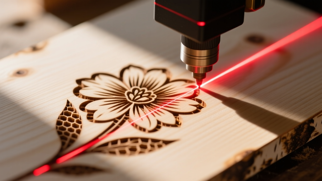 Close-up of a laser engraving a floral pattern onto 3mm Baltic birch plywood, showing the honeycomb bed and red laser beam.