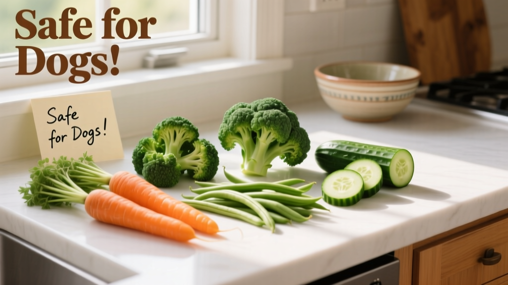 A colorful assortment of dog-safe vegetables: carrots, broccoli florets, green beans, and cucumber slices arranged on a clean kitchen counter