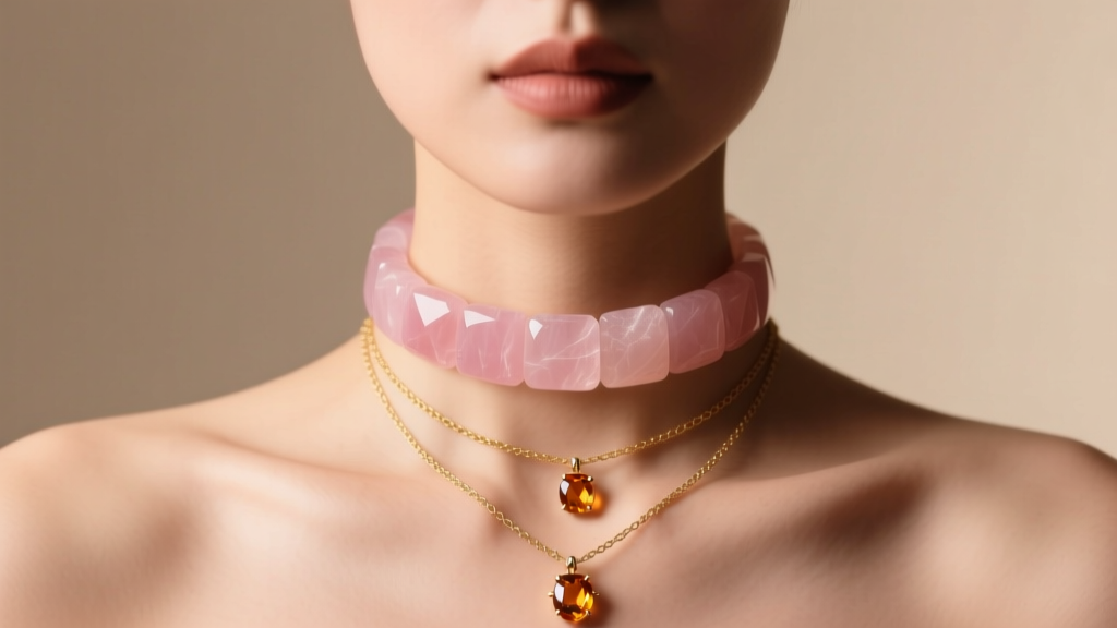 Bust wearing a 16-inch rose quartz chip choker layered with two delicate gold chains and small pendants in warm lighting