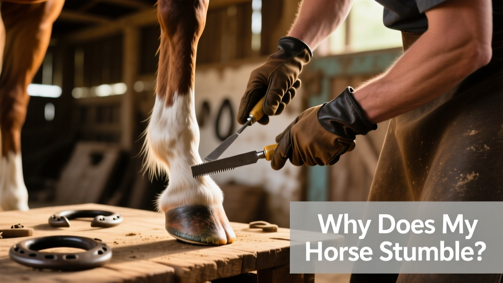 Close-up of a farrier trimming a horse's front hoof, showing balanced angle and toe length