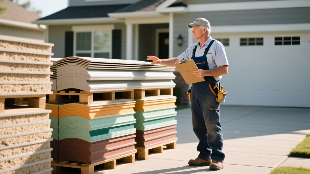 Contractor holding a clipboard while inspecting stacked fiber cement and vinyl house siding material pallets on a residential driveway