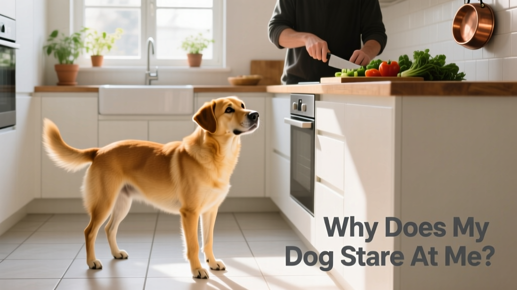 A dog standing in a kitchen, staring intently at its owner preparing food