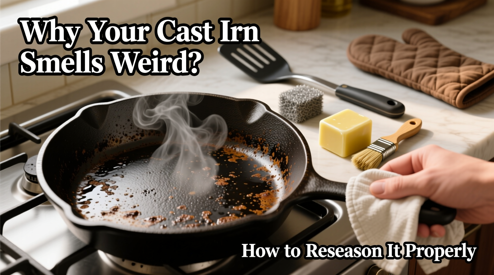 why does my cast iron pan smell weird and how to reseason it properly