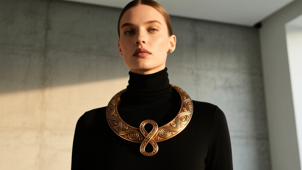 Fashion model wearing a bronze Brisingamen torc over a black turtleneck, highlighting contrasting textures and warm tones.
