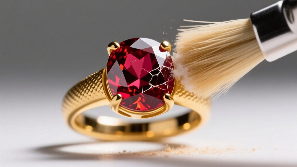 Macro shot of a 14k yellow gold ring featuring a fracture-filled ruby being gently cleaned with a soft bristle brush.