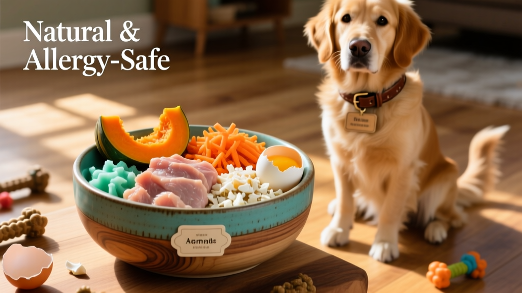Fresh, colorful homemade dog food bowl featuring lean ground turkey, steamed squash, grated carrot, and crushed eggshell