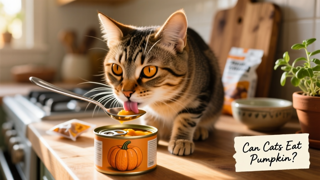 Close-up of a cat licking unsweetened canned pumpkin from a spoon