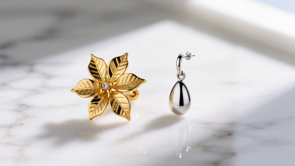 Macro shot comparing an 18k gold poinsettia stud and a rhodium-plated sterling silver dangle earring on a white marble surface.