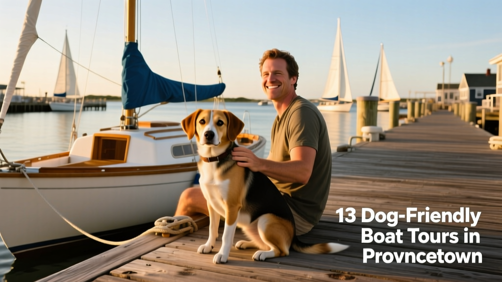 A small sailboat docked at MacMillan Pier in Provincetown, MA, with a friendly dog sitting beside its owner on deck