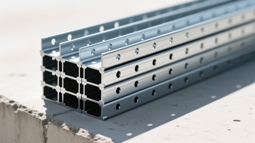 Galvanized light gauge steel stud framing materials stacked on concrete, showing punchouts and lip details in bright daylight