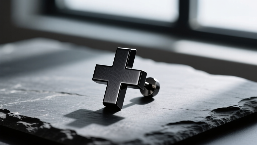 Matte black titanium cross ear cuff on slate, moody lighting highlighting the dark metal grain and sharp geometric edges.