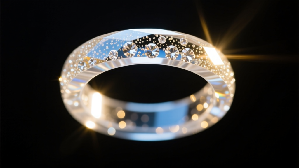 Macro view of a clear resin ring infused with diamond dust, illuminated by directional light against a dark velvet background.