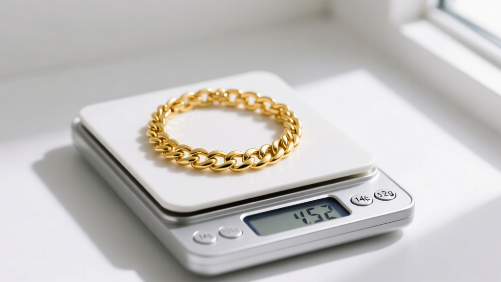 Digital jewelry scale showing 14.52g, with a solid 14k yellow gold Cuban link necklace resting on the clean white weighing pan.