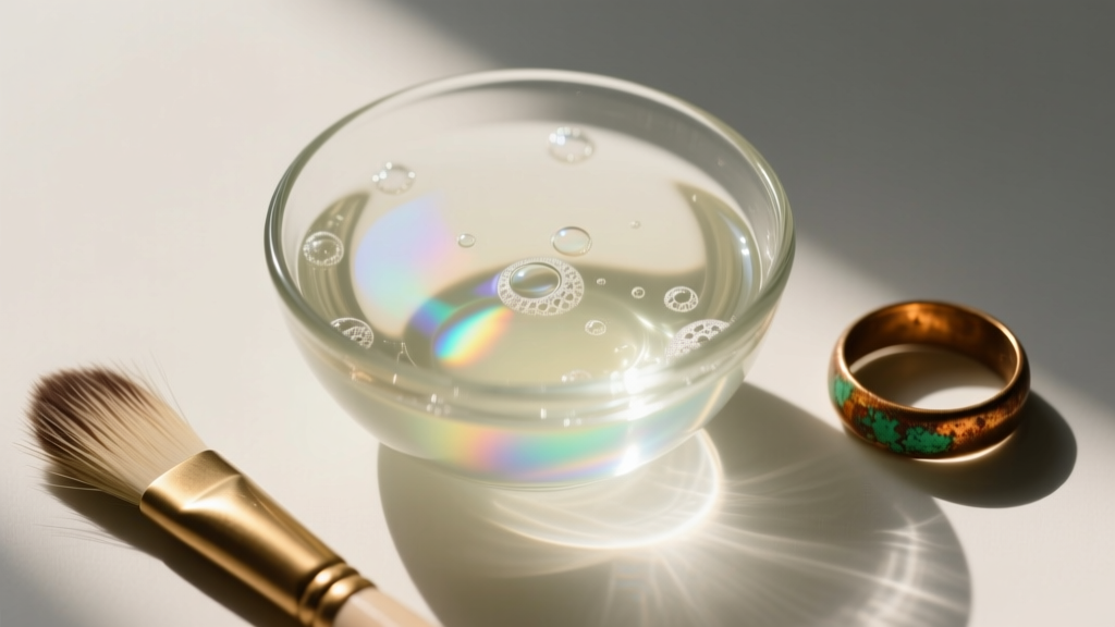 Overhead shot of a glass bowl with gentle dish soap solution, a soft horsehair detailing brush, and a tarnished raw brass ring.