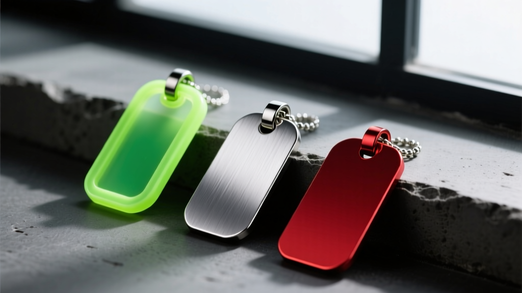 Three ear tag pendants laid out: a neon green TPU tag, a brushed 316L steel tag, and a red anodized aluminum tag on dark concrete