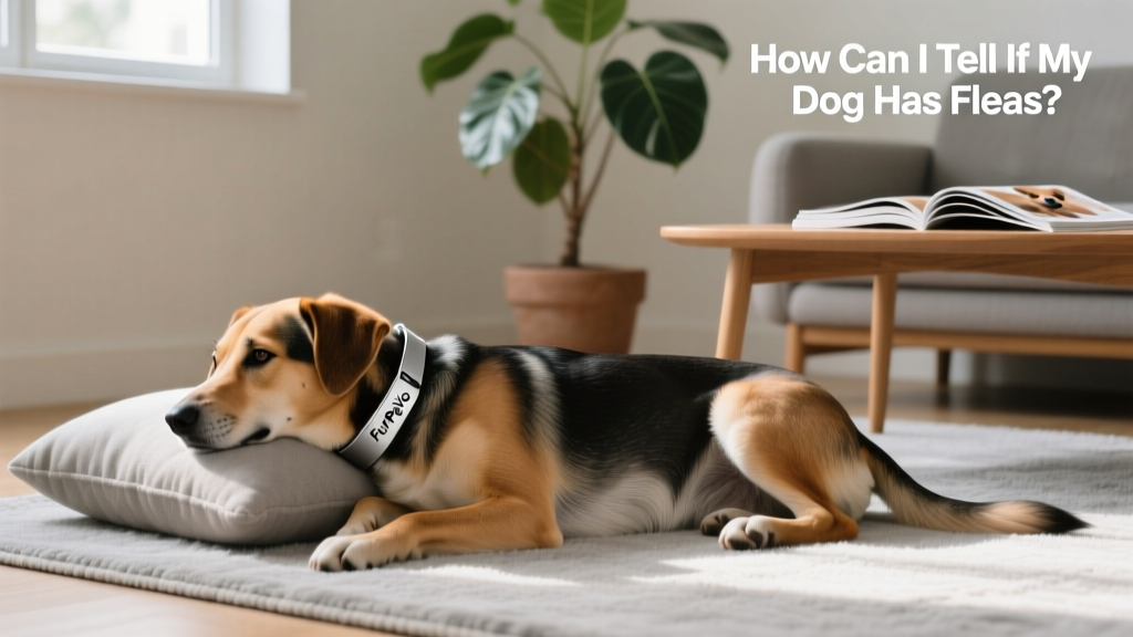 Dog wearing a modern, adjustable FurPetVo flea collar while relaxing on a clean indoor rug