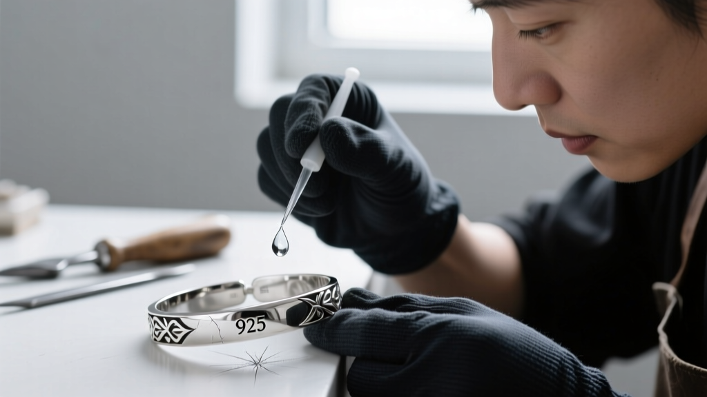 Jeweler applying a drop of silver testing acid to a scratch mark on a silver bracelet to verify the 925 stamp authenticity