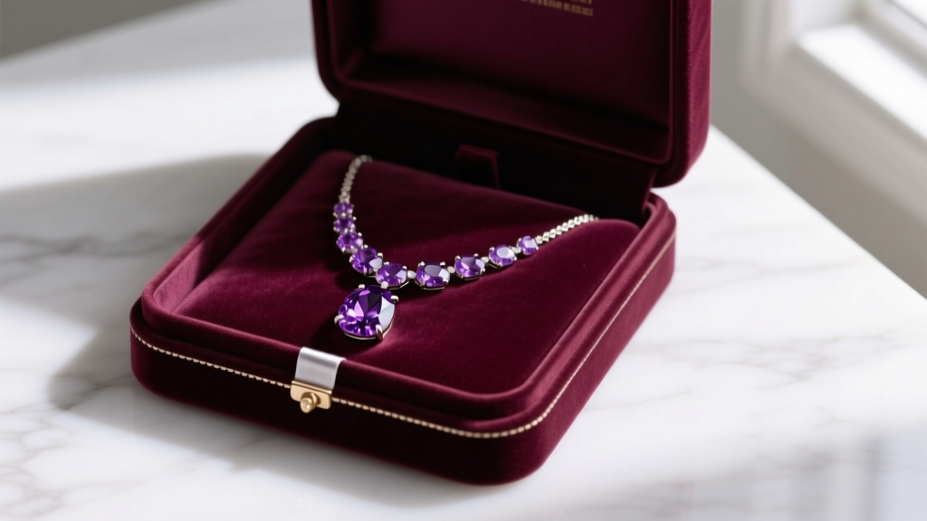An amethyst necklace stored in a velvet-lined jewelry box compartment with an anti-tarnish strip, kept away from sunlight