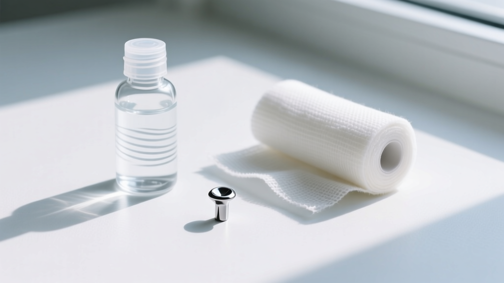 Flat lay of piercing aftercare tools including a bottle of sterile saline, non-woven gauze, and an ASTM F136 titanium labret stud.