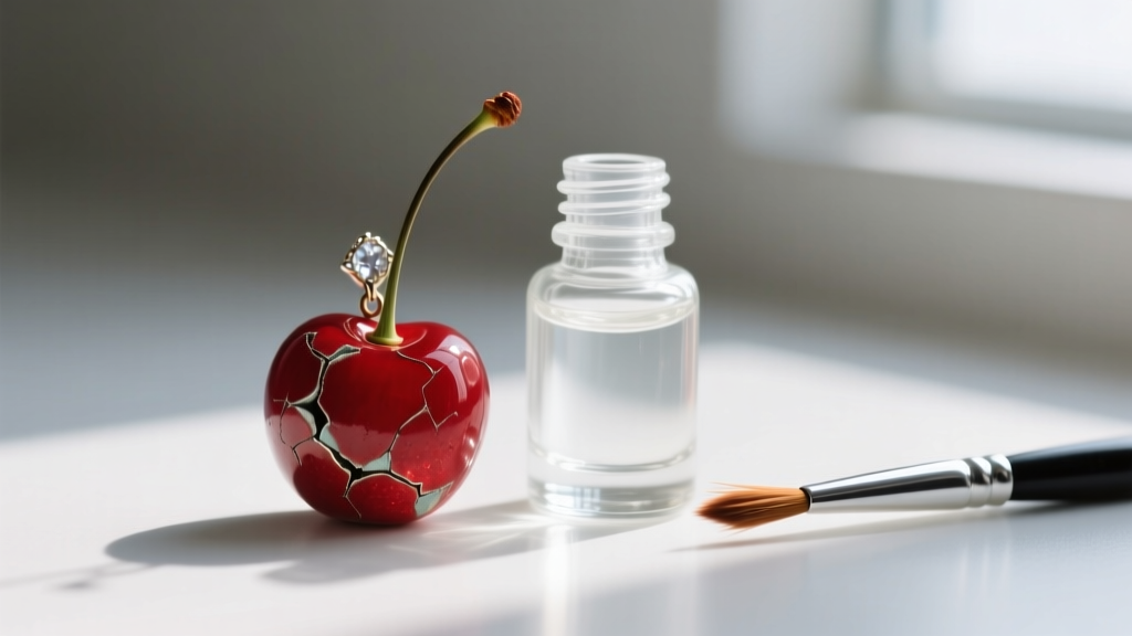 Chipped cold enamel red cherry pendant next to a small glass bottle of clear jewelry epoxy resin and a fine detail brush