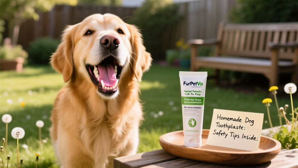 Happy dog yawning to show clean teeth and healthy gums, with FurPetVo toothpaste tube visible in background