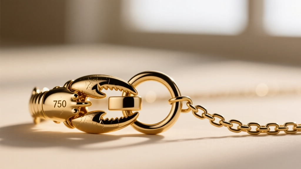 Close-up of an 18k gold lobster clasp and soldered jump ring on a delicate box chain, highlighting stamp marks and polished finish