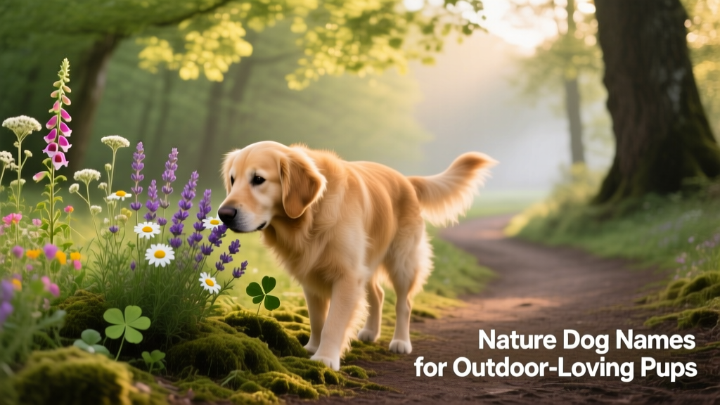 A curious dog sniffing wild herbs and flowers along a sunlit forest path