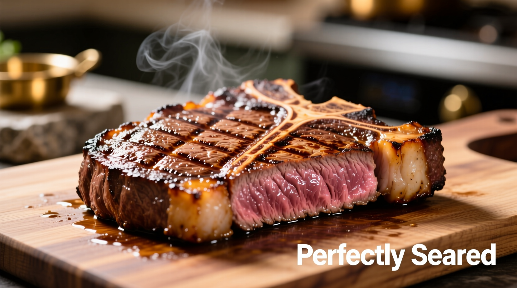 Perfectly seared porterhouse steak with grill marks