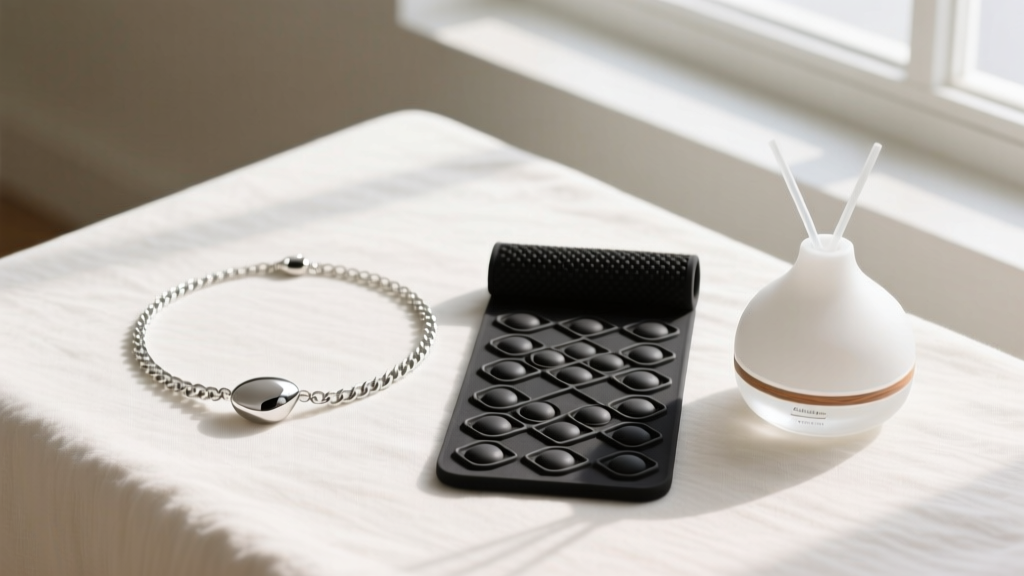 Flat lay of budget stress relief gadgets including a silver breathing necklace, acupressure mat, and essential oil diffuser on linen.