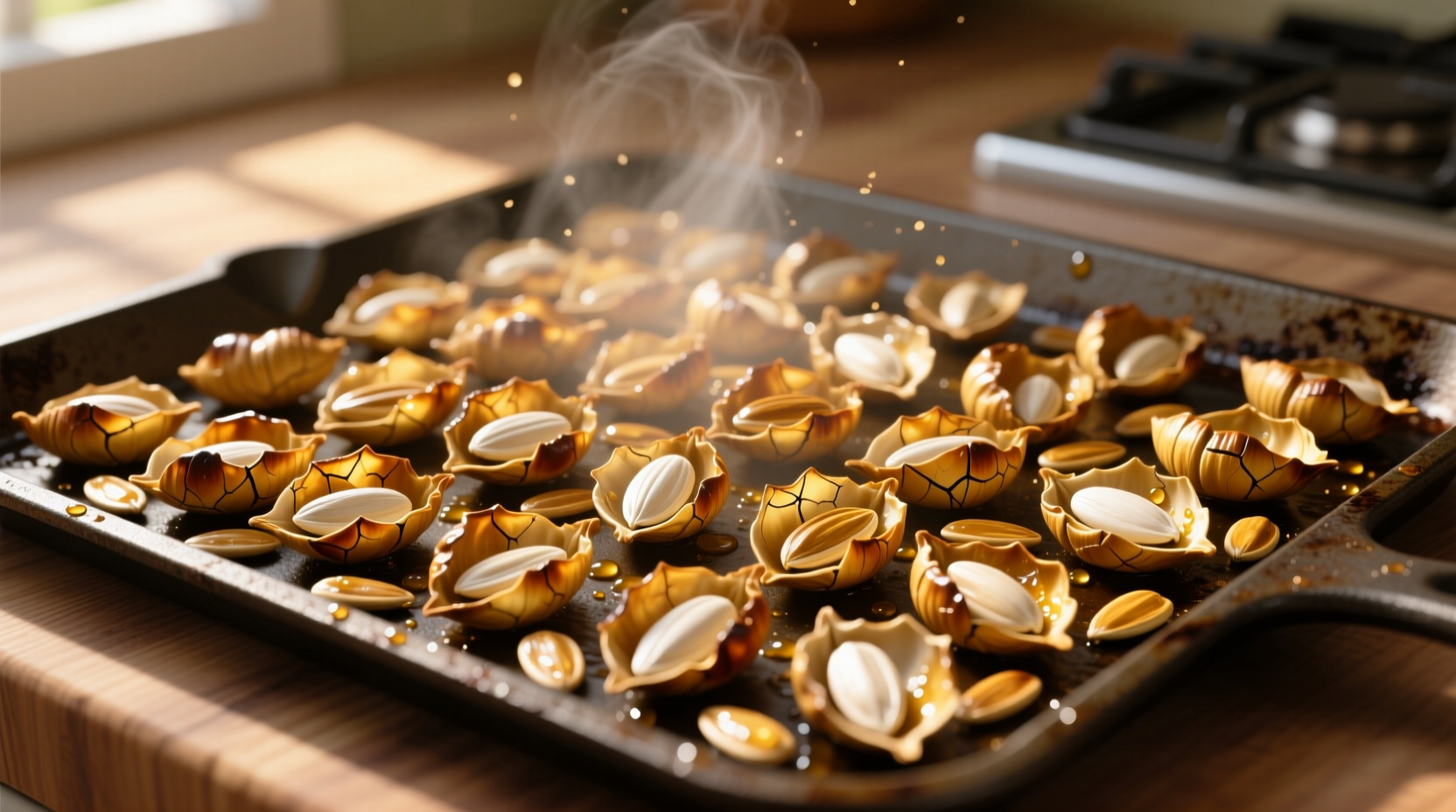 Golden roasted sunflower seeds on baking sheet
