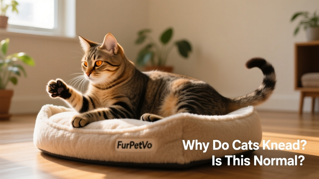 Side view of a relaxed cat kneading a plush FurPetVo pet bed