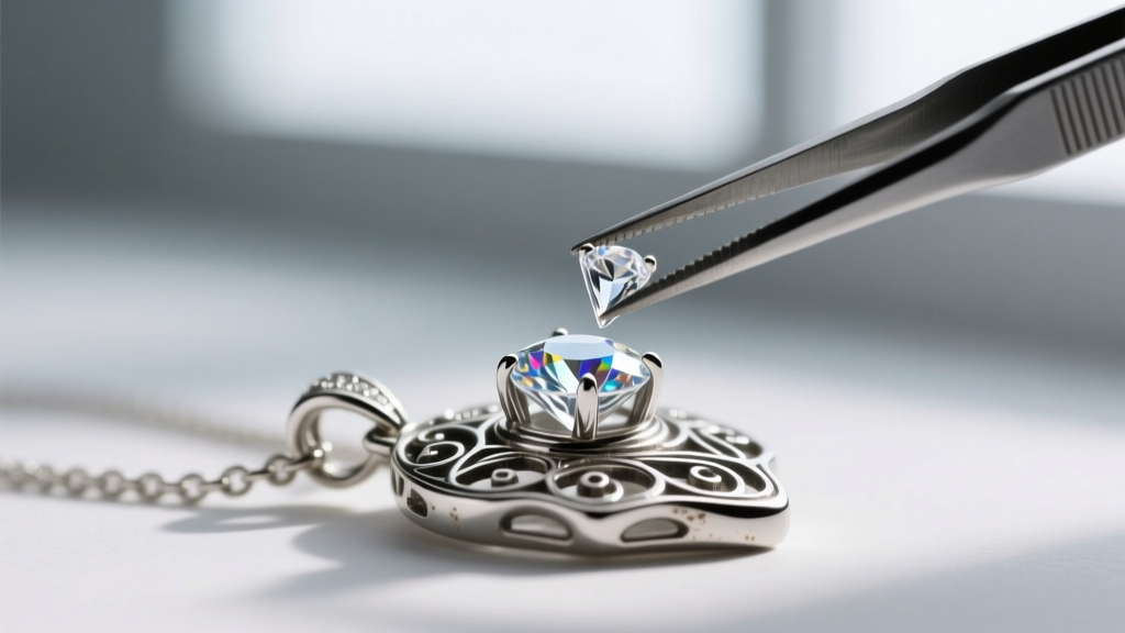 Macro shot of jewelry tweezers placing a tiny SS16 clear glass rhinestone into the silver prong setting of a vintage Y2K pendant.