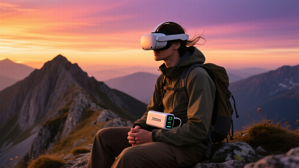 Hiker on a mountain ridge at sunset wearing a Meta Quest 3S headset and holding a portable 27000mAh power bank on their lap