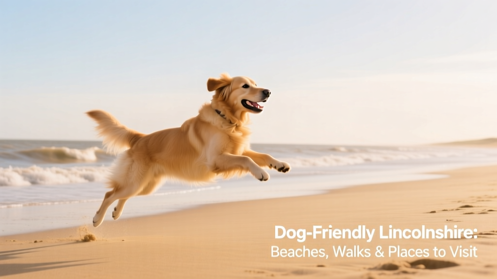 A happy dog bounding across golden sands at Mablethorpe North Beach, with gentle waves and open sky behind