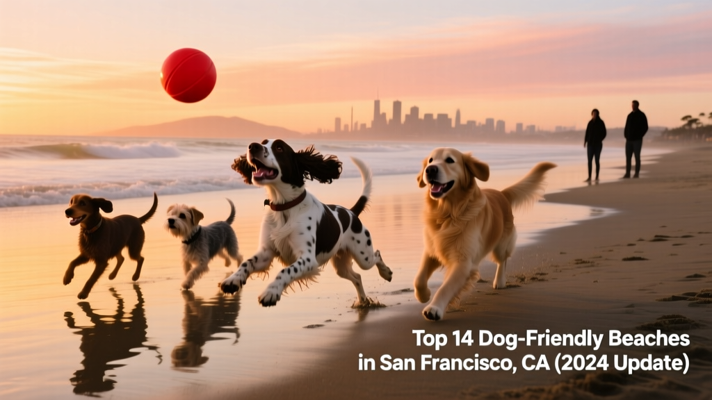 A group of dogs playing fetch on the wide, windswept expanse of Ocean Beach's northern section at sunset