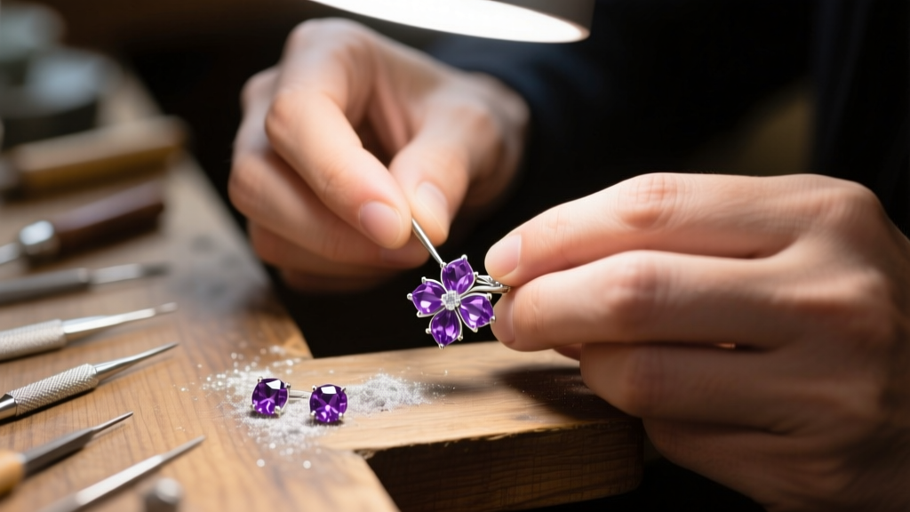Jeweler setting tiny faceted amethysts into a sterling silver hydrangea earring on a wooden workbench under bright task lighting