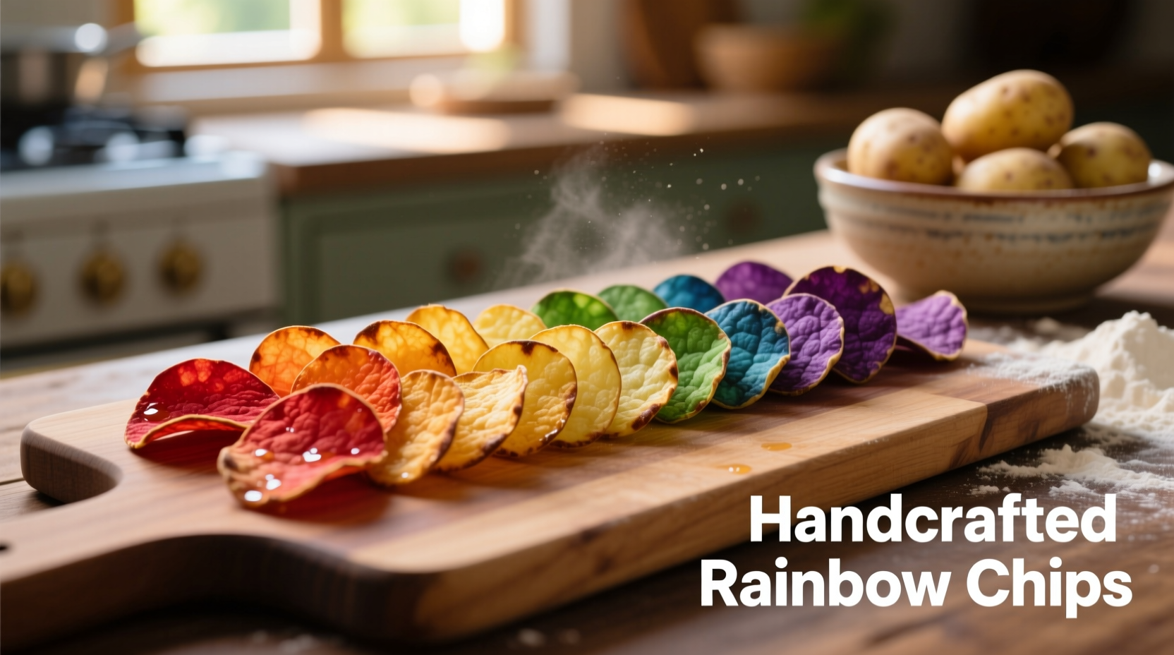 Homemade rainbow potato chips arranged in color spectrum