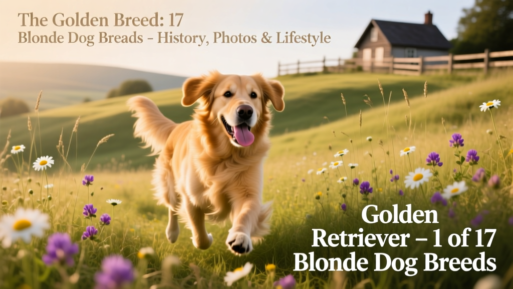 A joyful Golden Retriever running through a sunlit meadow, coat gleaming gold