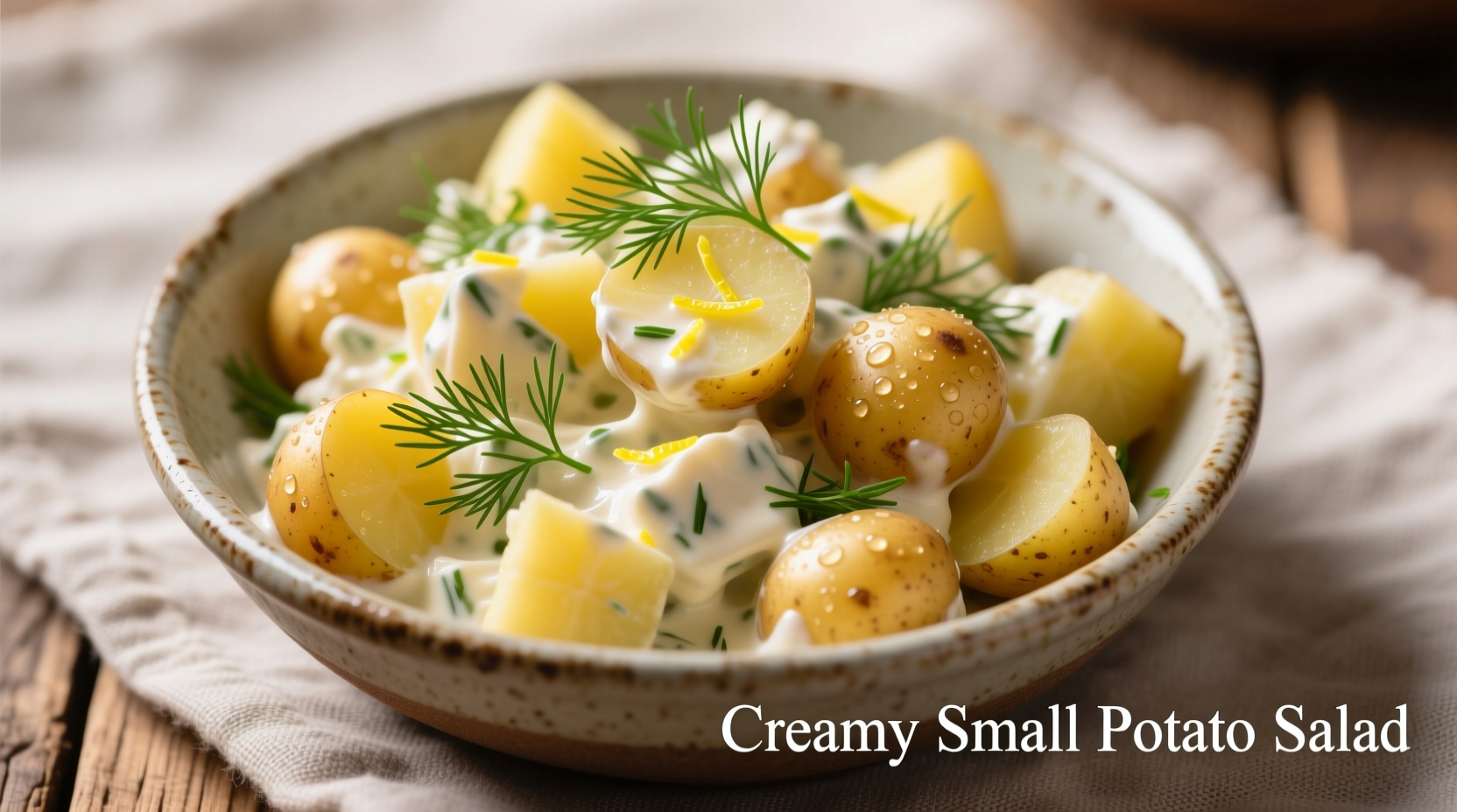 Creamy small potato salad with fresh dill garnish