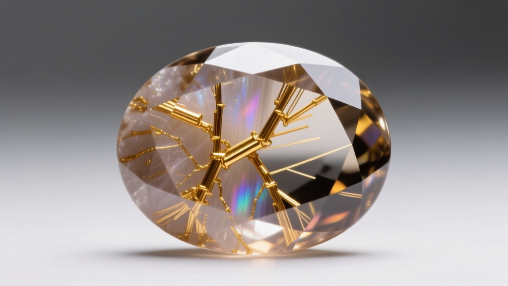 Macro shot of a smoky quartz cabochon revealing natural rutile needle inclusions and color zoning under bright studio lighting.