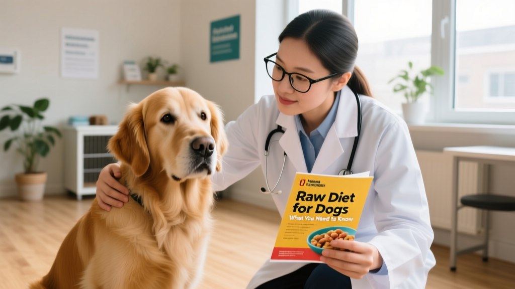 Veterinarian examining a dog while holding a food safety pamphlet