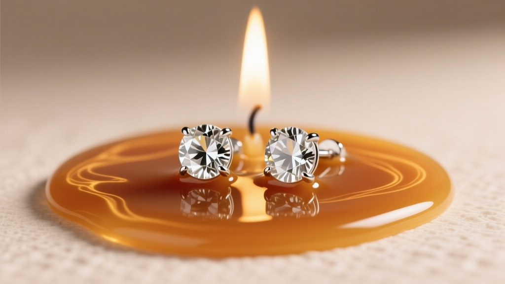 Pair of silver-plated stud earrings emerging from melted soy wax, lit by warm candlelight highlighting the clear faceted gemstones.