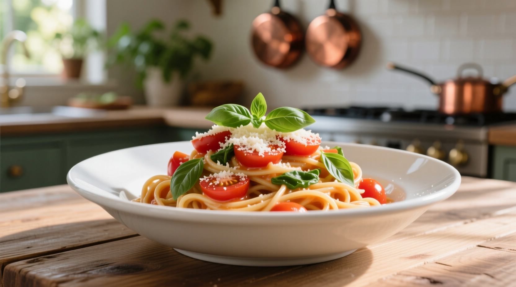 Fresh tomato basil cream pasta in white bowl
