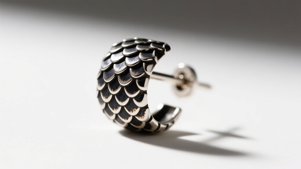 Macro shot of oxidized sterling silver snake scale earring post, showing 20-gauge thickness and intricate textured scale details.
