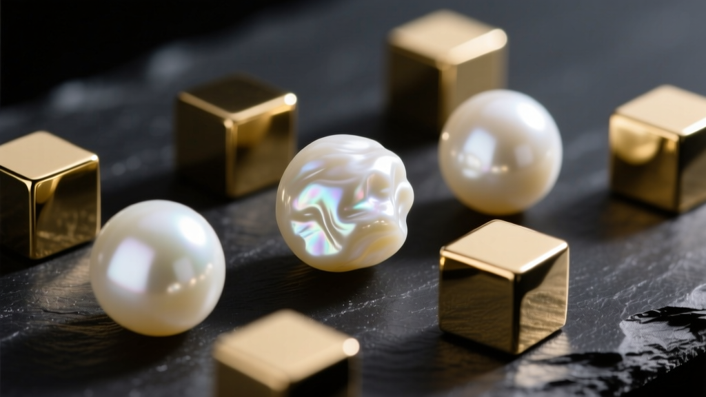 Macro shot of irregular white baroque pearls and 14k gold cube spacers on dark slate, high contrast studio lighting setup.