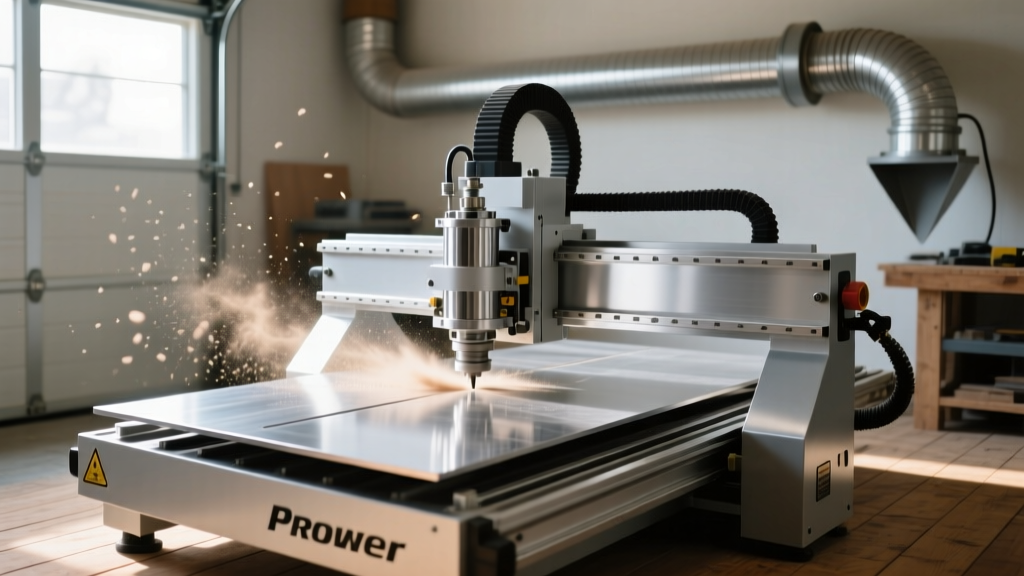 Compact prosumer CNC router machine cutting aluminum sheets in a small garage workshop environment with dust collection