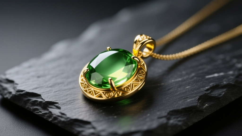 18k green gold pendant on dark slate, revealing a subtle yellowish-green metallic luster under soft, warm studio lighting.